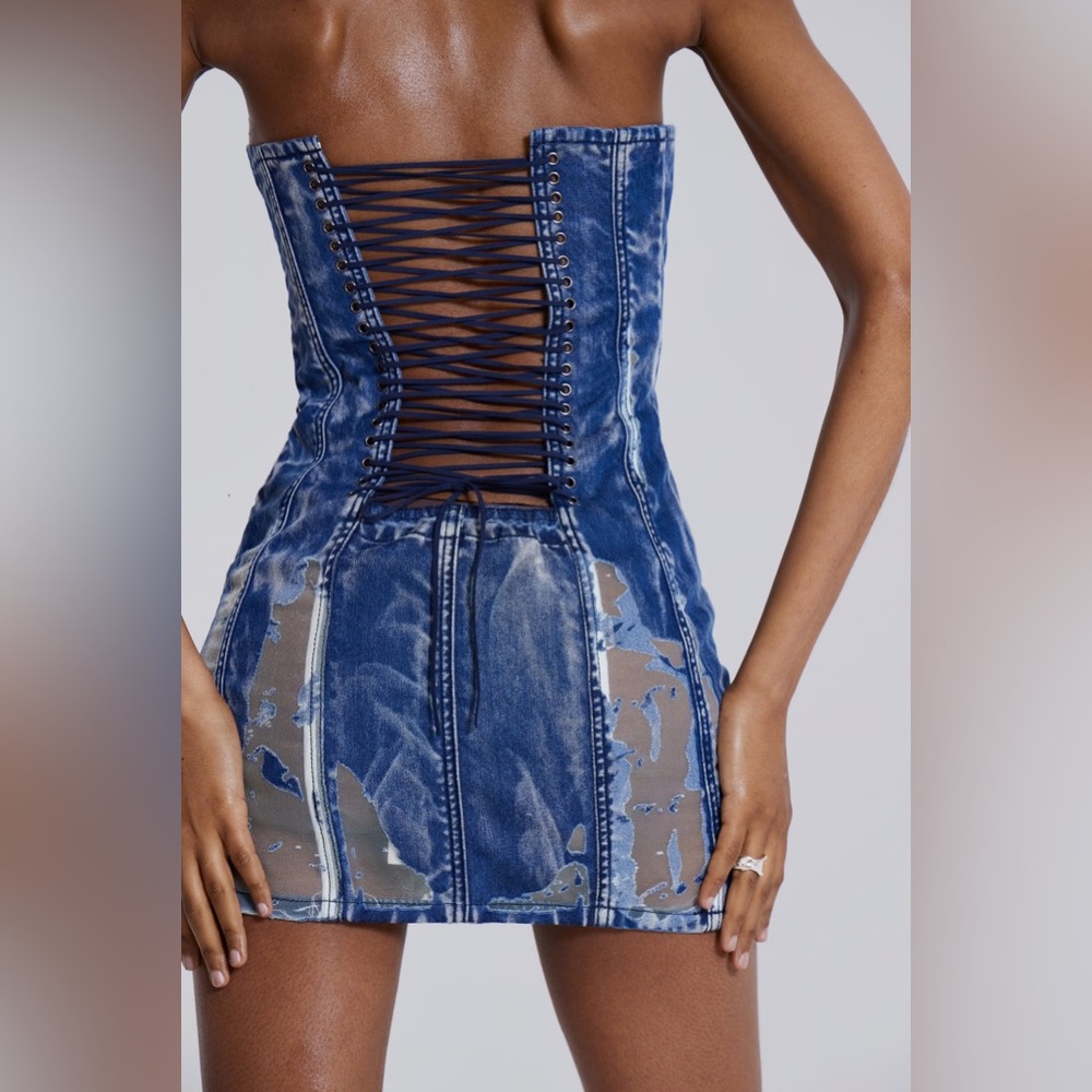 Jaded London Zion Mini Dress Lace Up Corset Mesh Denim UK 10 US 6 SMALL - Picture 7 of 12